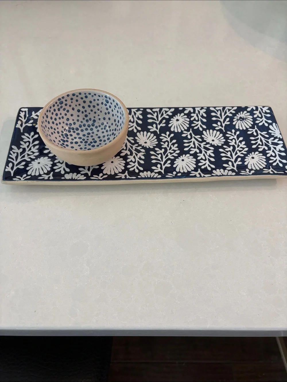 Mud Pie Hand-Painted Blue and White Ceramic Serving Tray with Matching Bowl NWOT